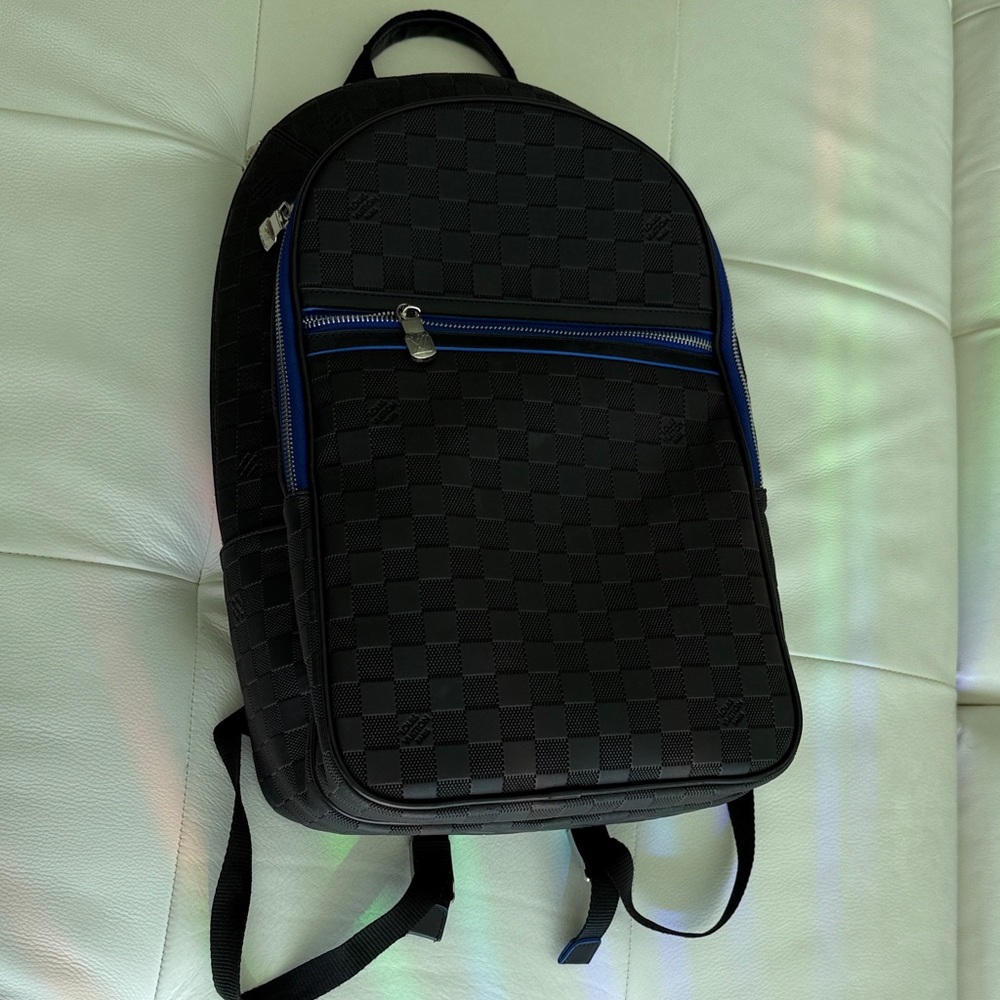 Louis Vuitton Black Checker Rubber Backpack with Blue Trim